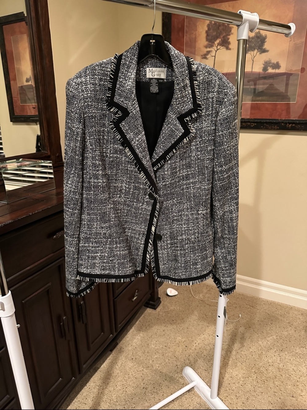 Madison Grey Black & White Tweed Fringed Jacket